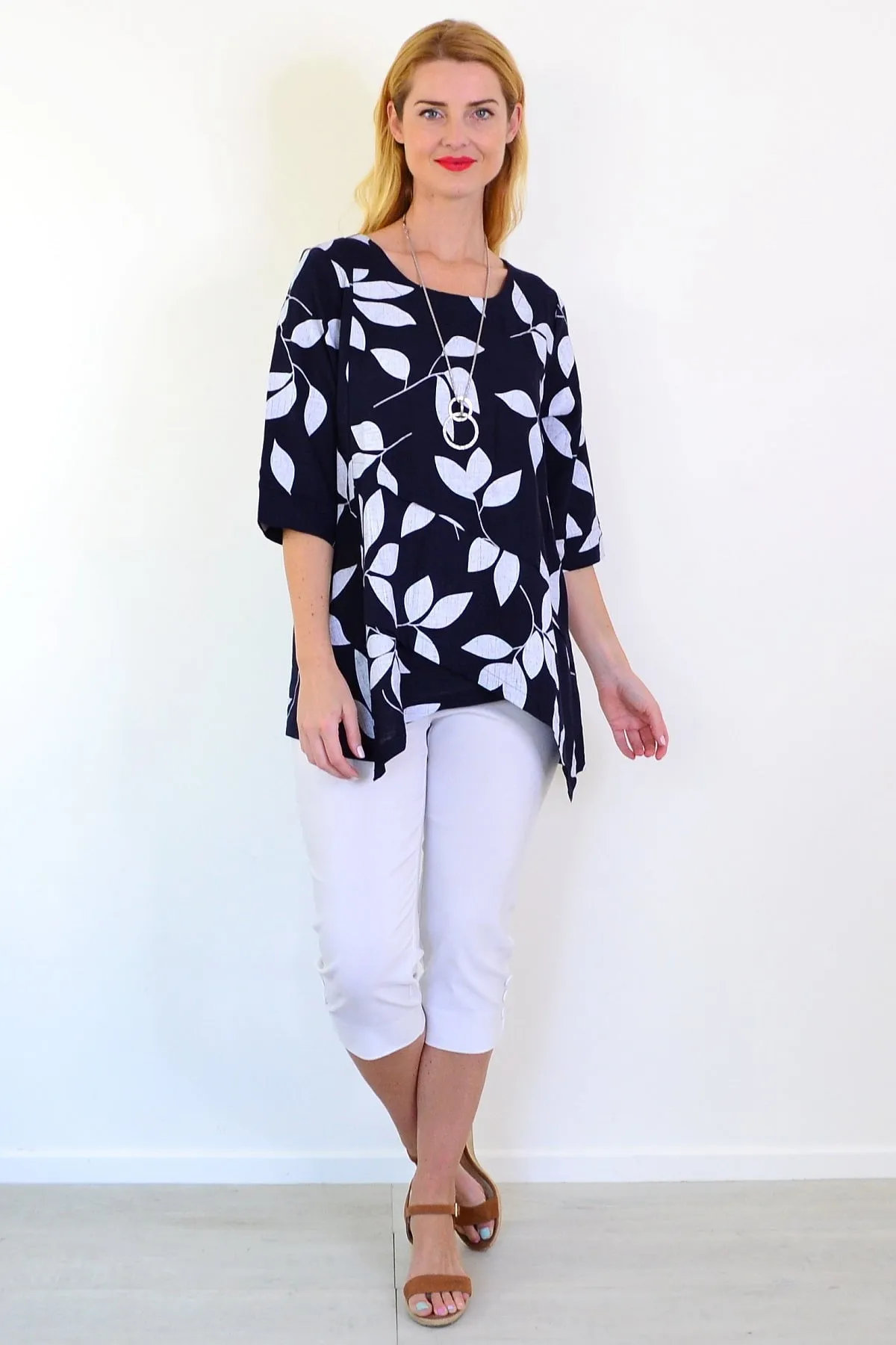 White Petals Linen Blend Tunic Top