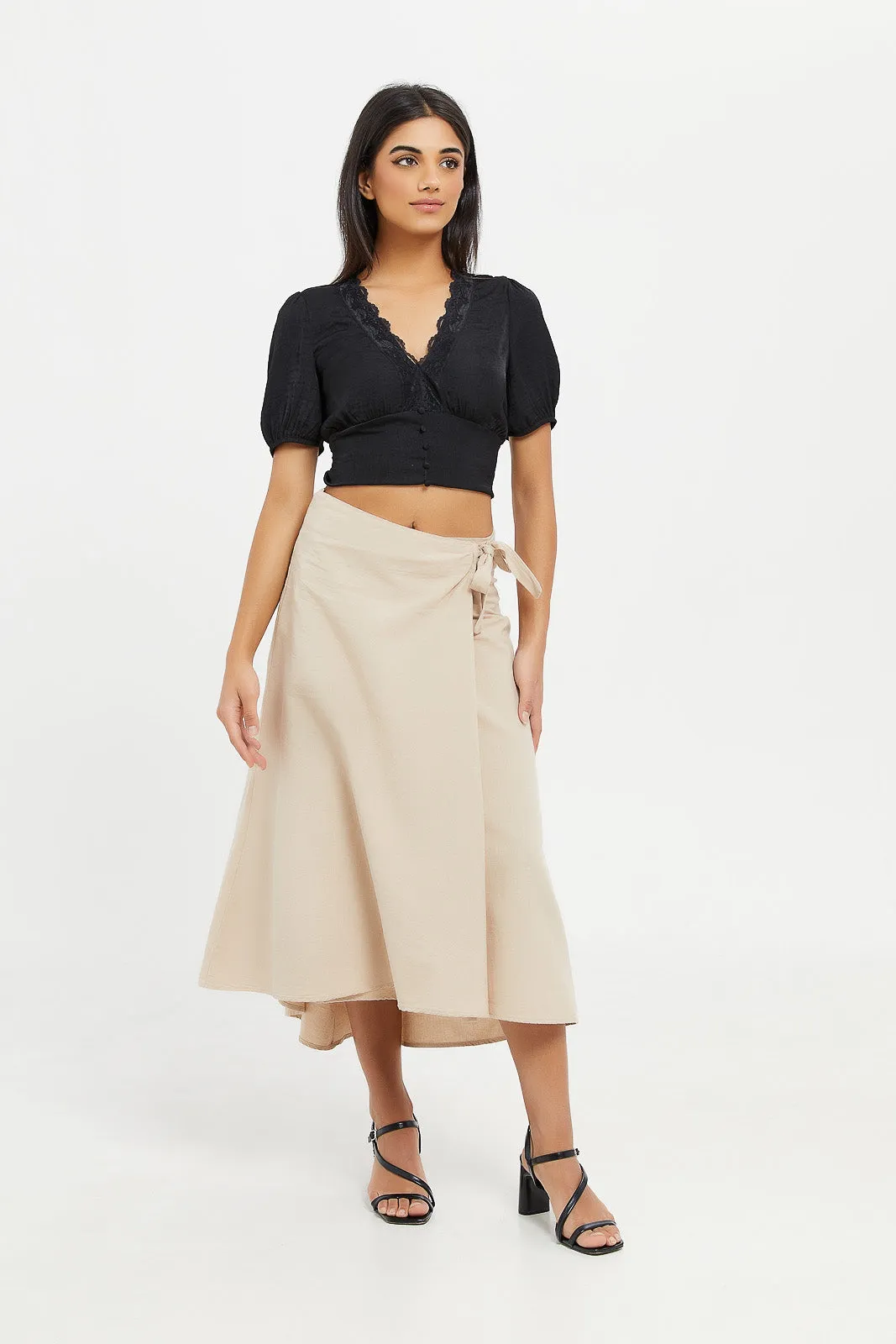 Women Beige Linen Wrap Skirt