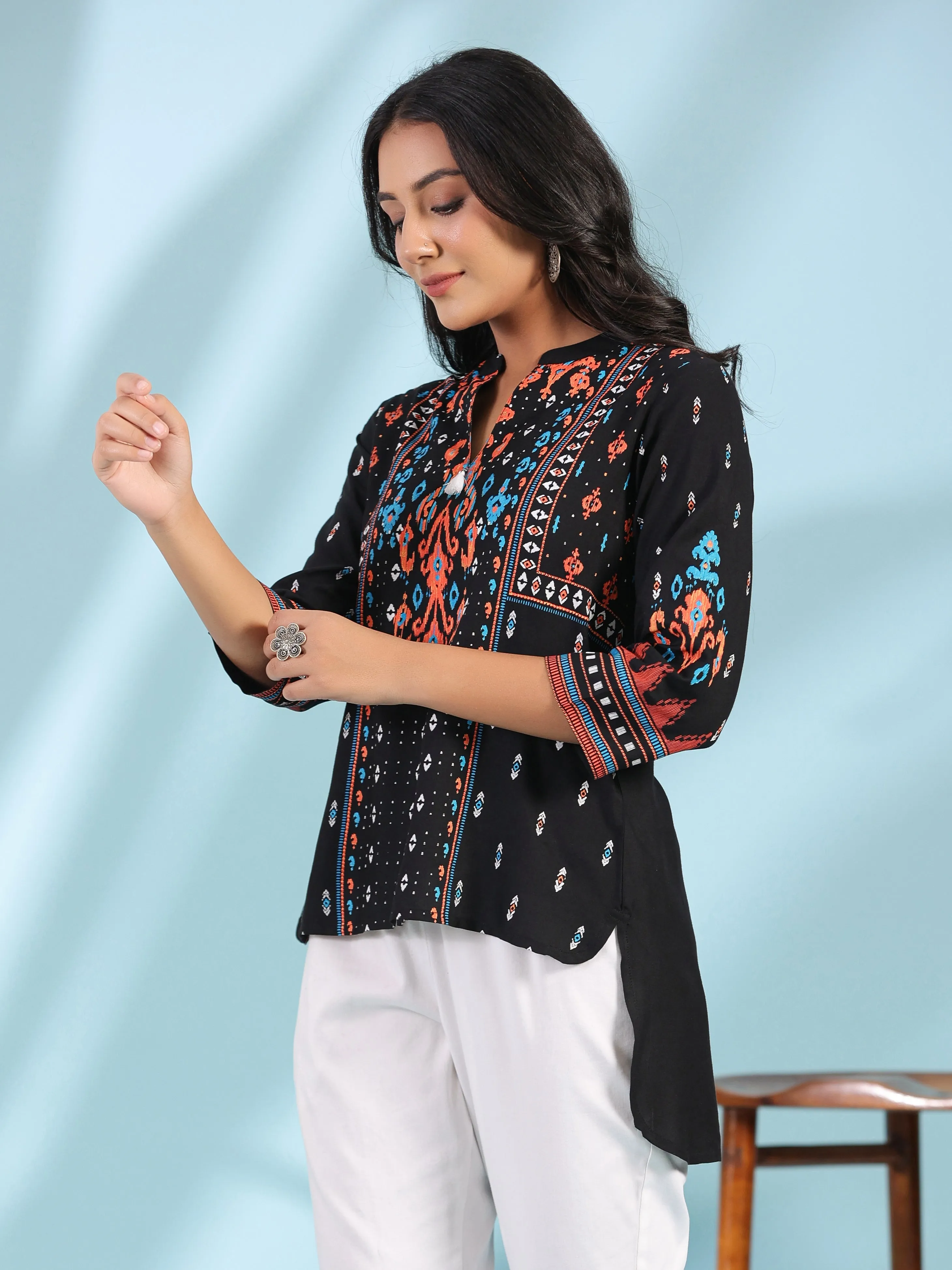 Women Black Rayon Staple Ikat Tunic