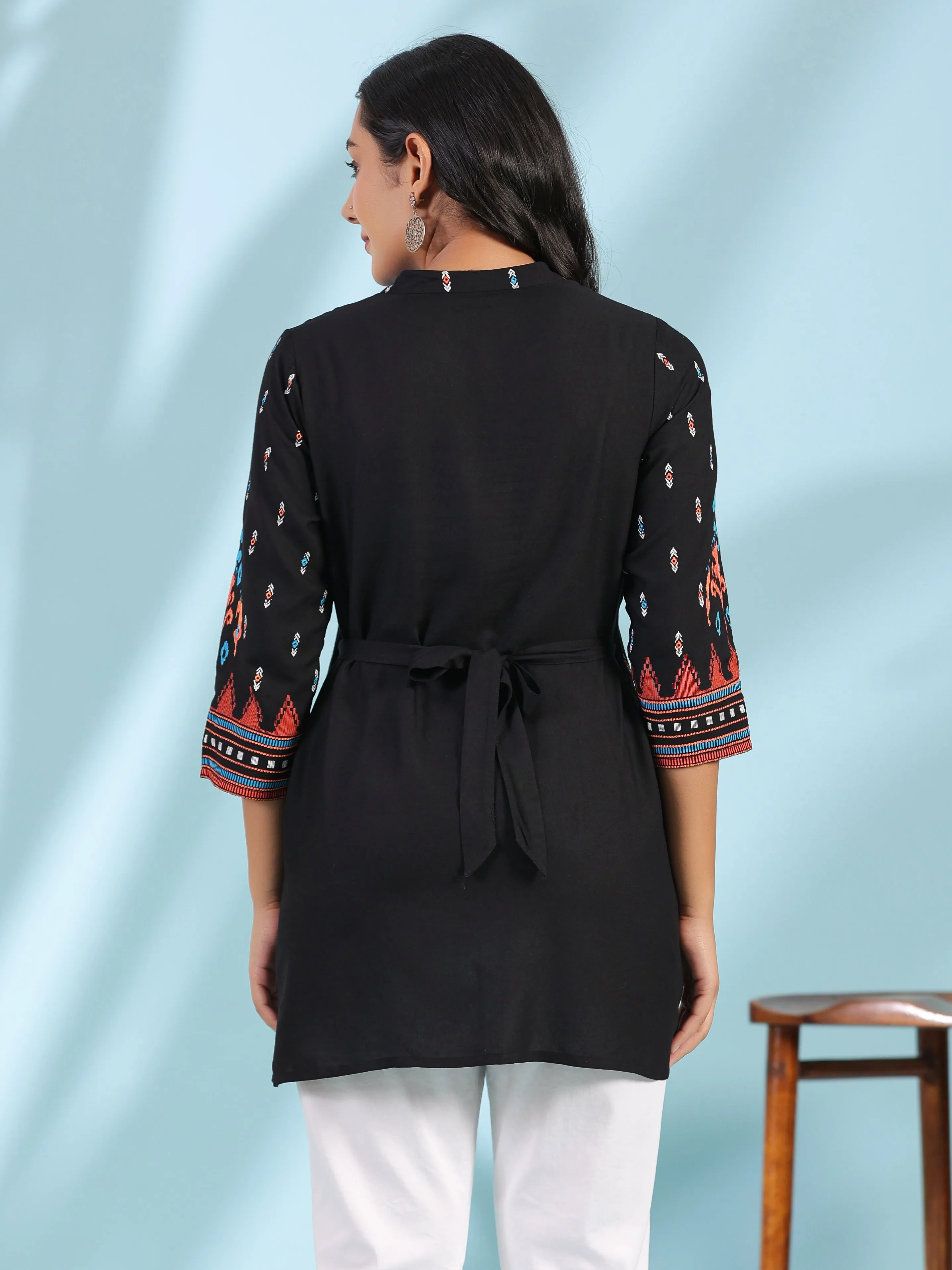 Women Black Rayon Staple Ikat Tunic