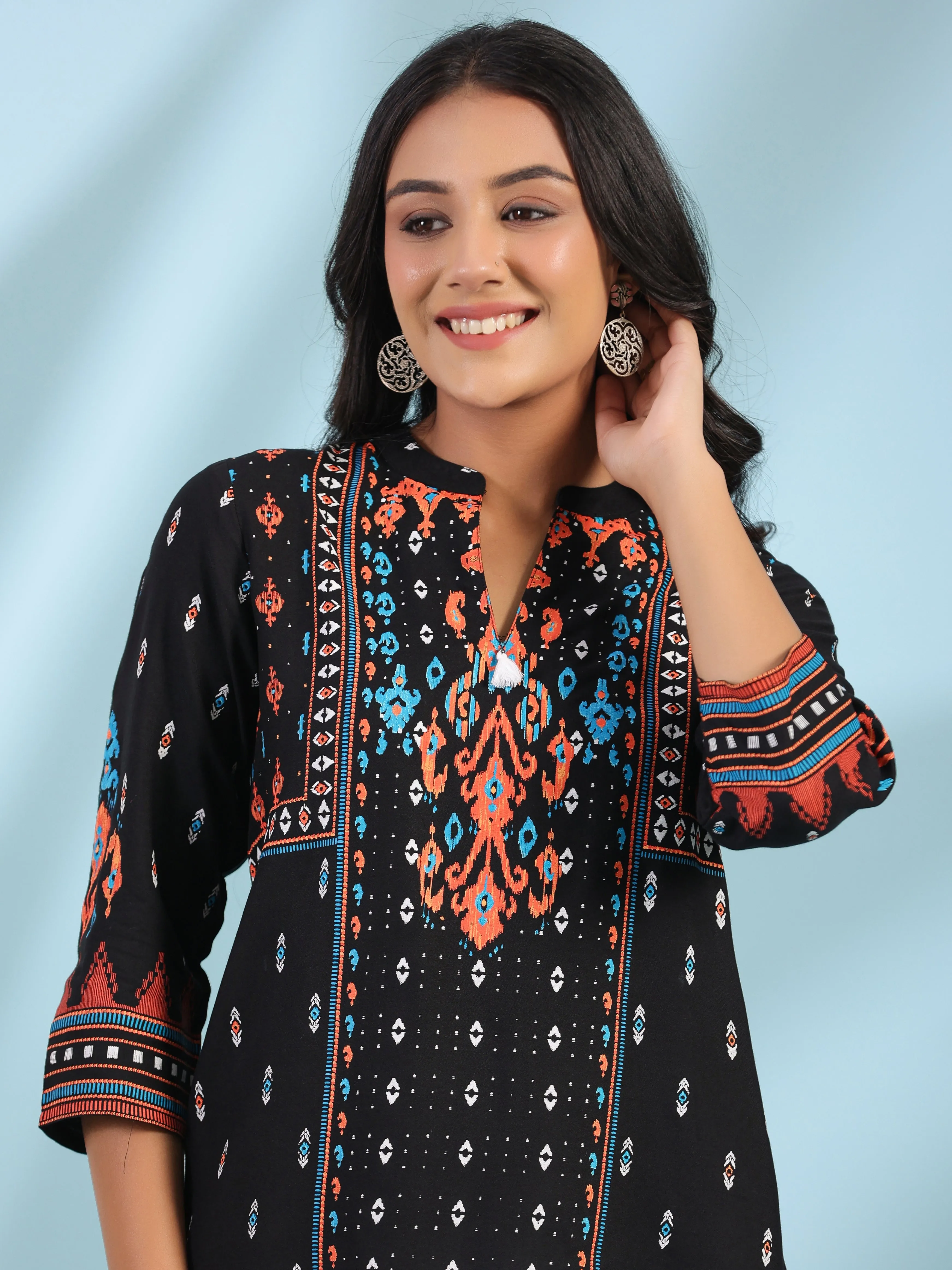 Women Black Rayon Staple Ikat Tunic