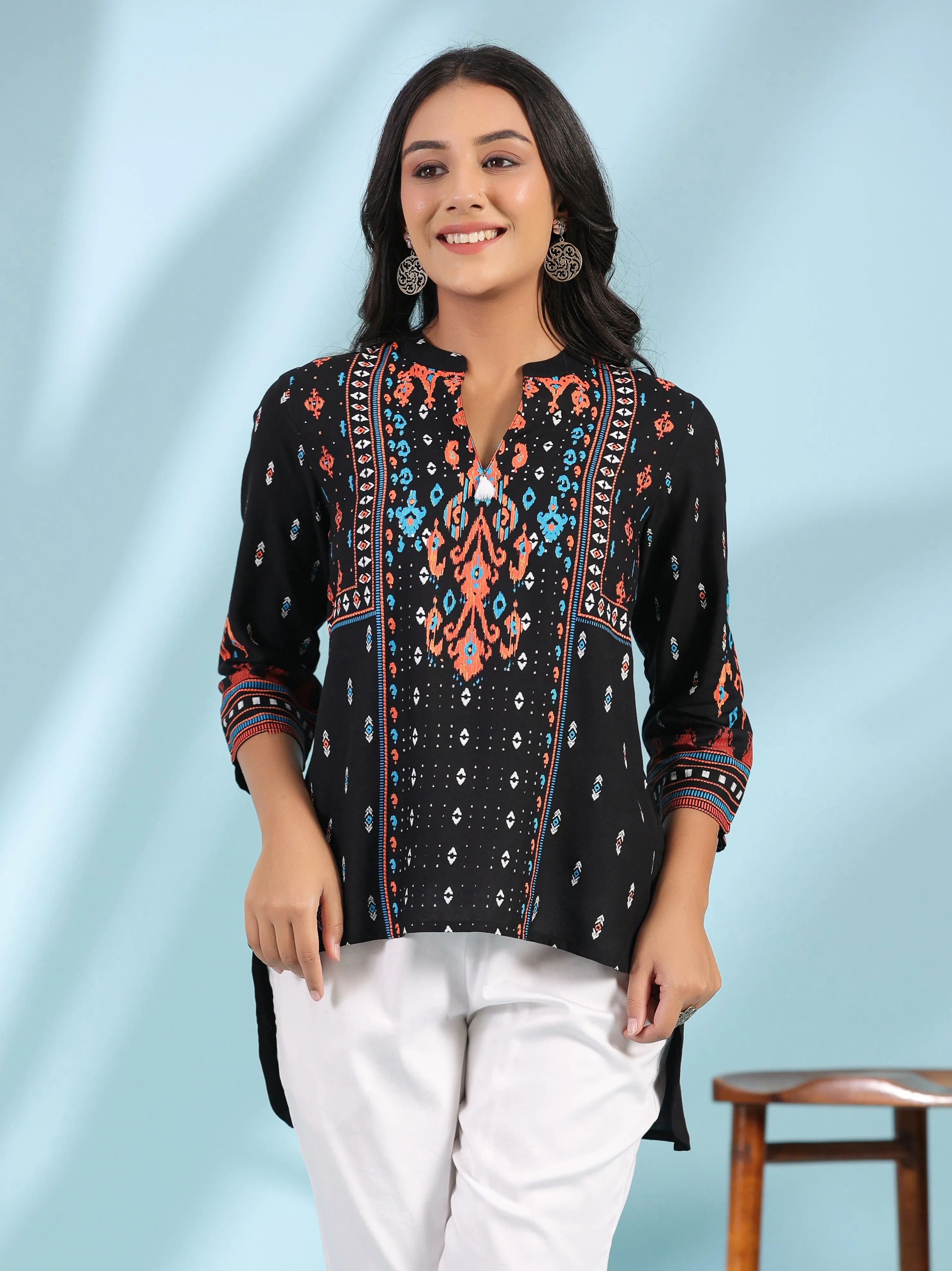 Women Black Rayon Staple Ikat Tunic