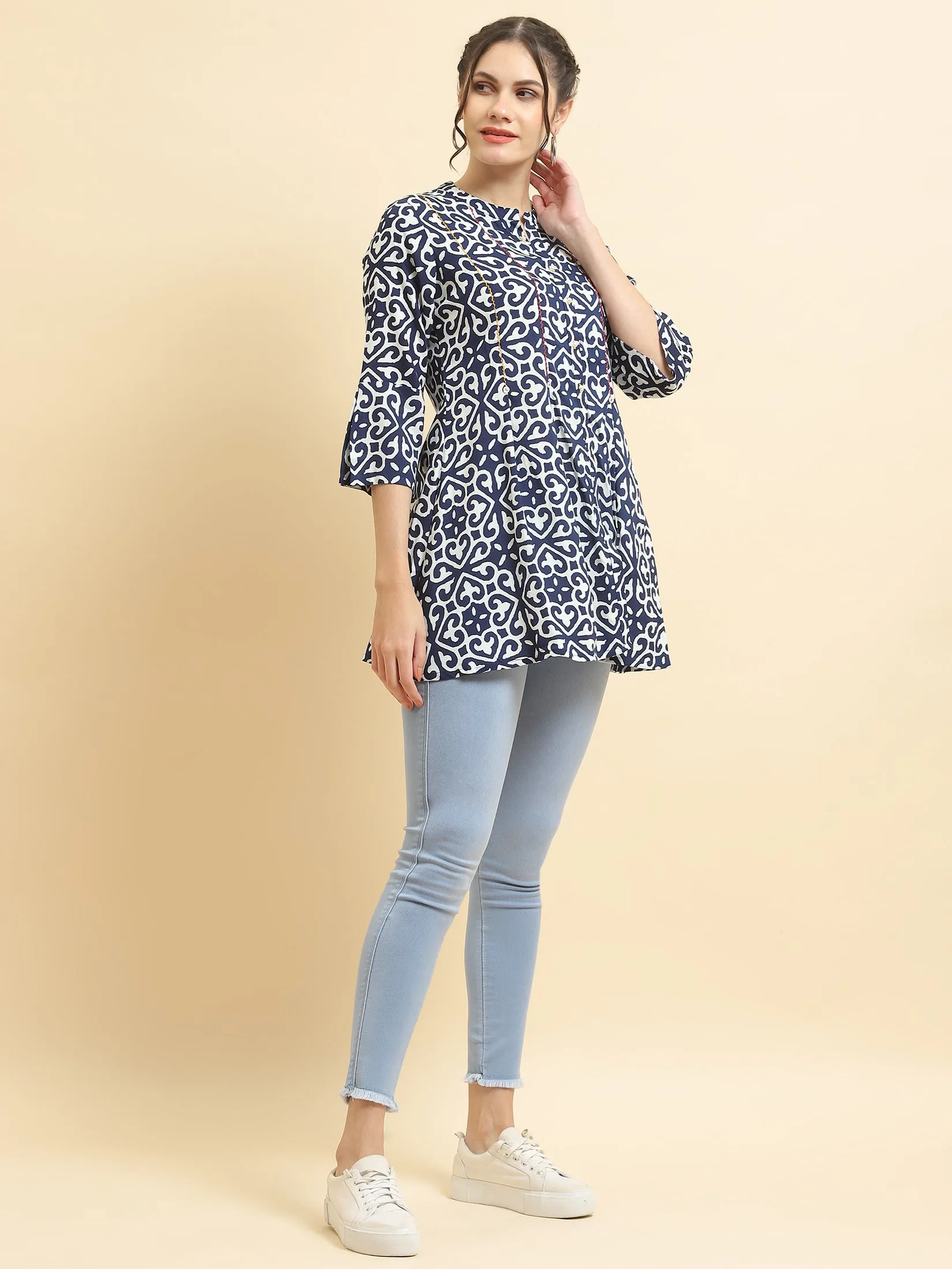 Women Liva Rayon Navy Blue Geometric Print Tunic