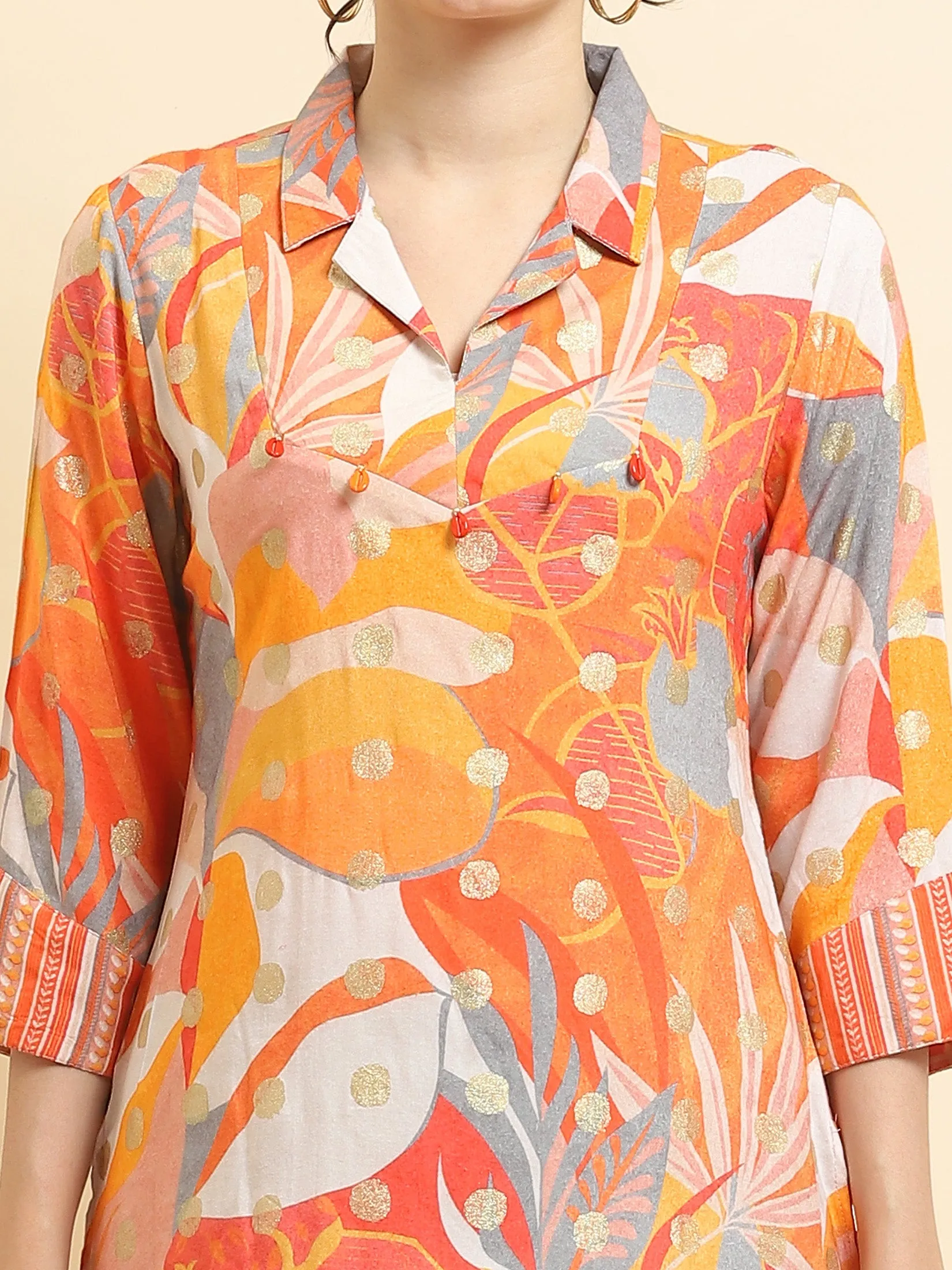 Women Liva Rayon Orange Abstract Print Tunic