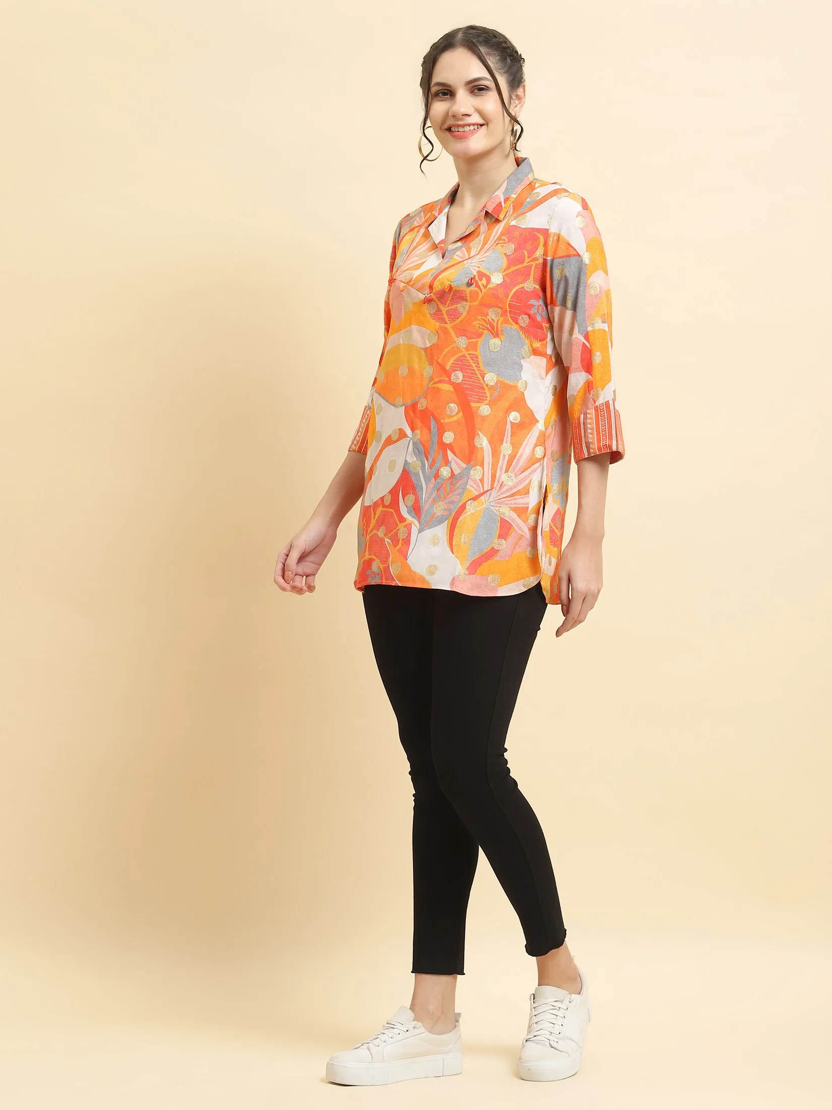 Women Liva Rayon Orange Abstract Print Tunic