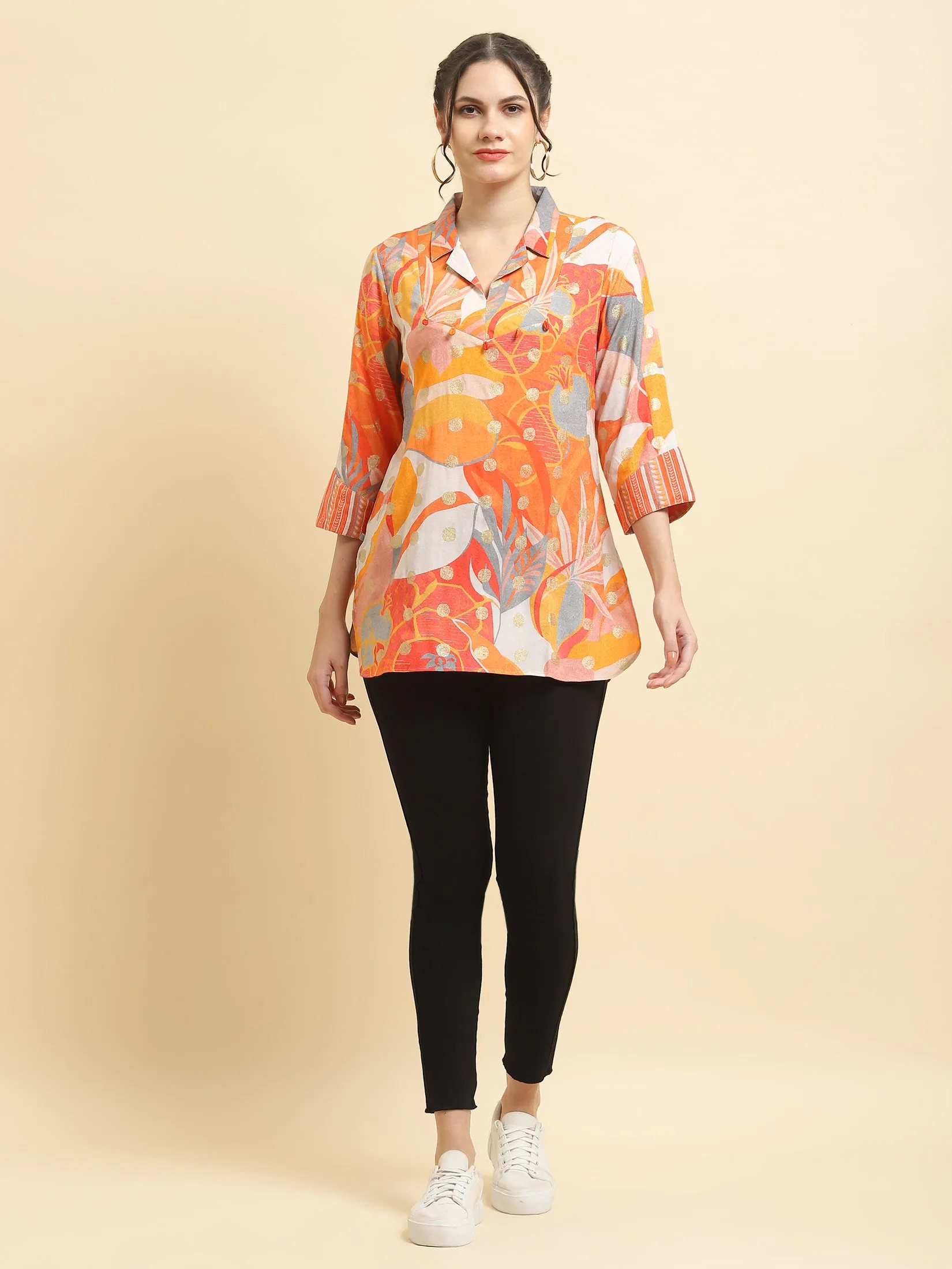 Women Liva Rayon Orange Abstract Print Tunic