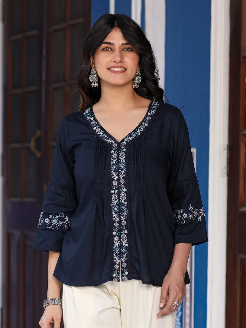 Women Navy Blue Rayon Solid With Embroidered Tunic