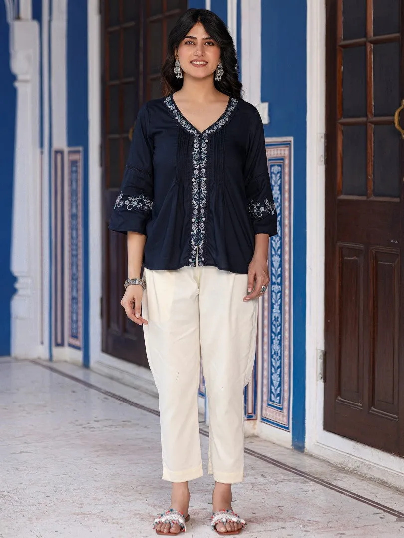 Women Navy Blue Rayon Solid With Embroidered Tunic