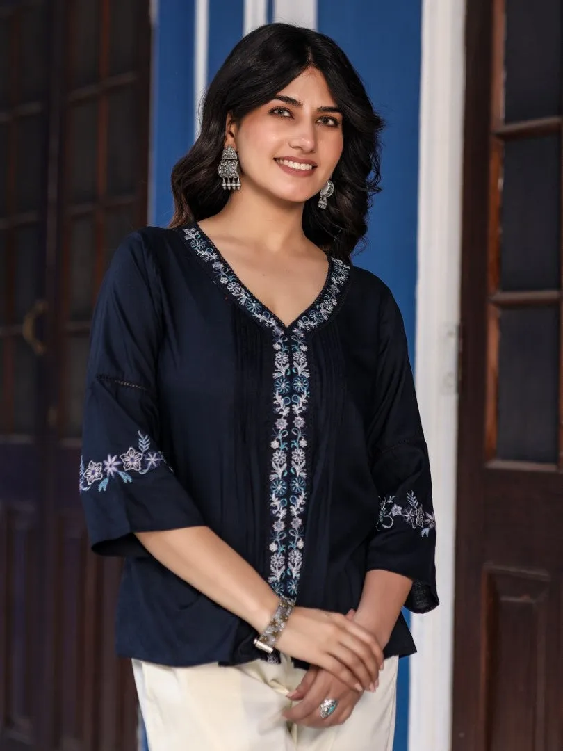 Women Navy Blue Rayon Solid With Embroidered Tunic