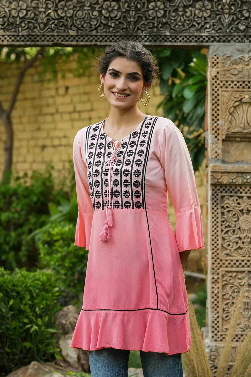 Women Peach Liva Embroidery Tunic