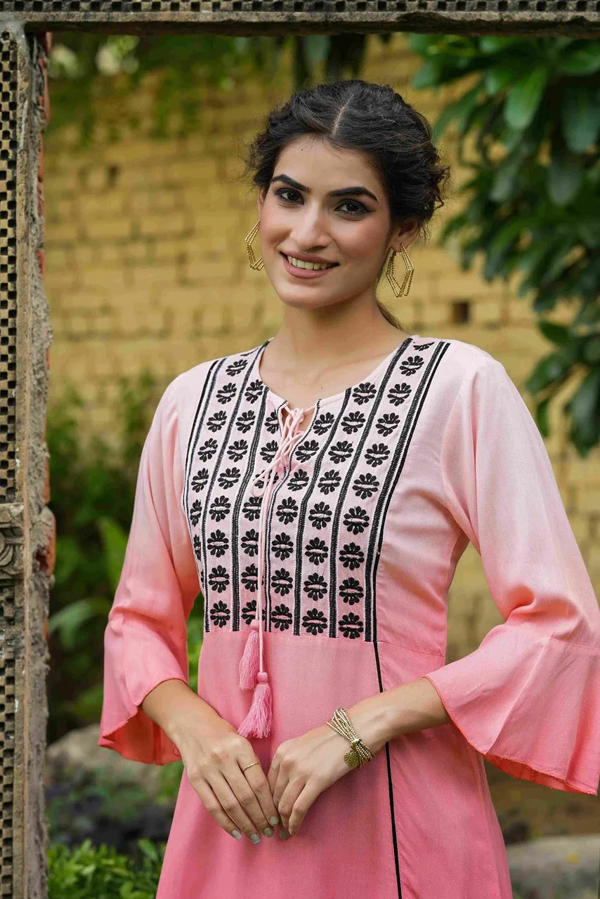 Women Peach Liva Embroidery Tunic