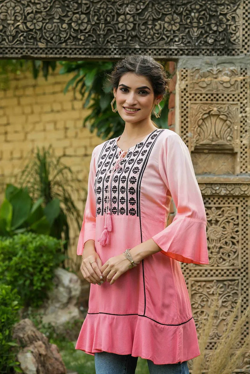 Women Peach Liva Embroidery Tunic