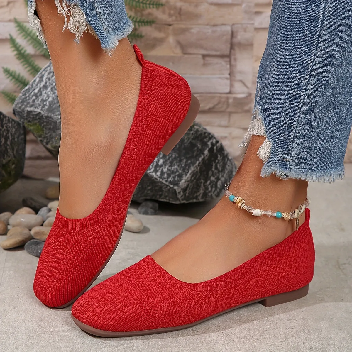 Women's Breathable Square Toe Slip-On Flats, Lightweight & Comfortable Casual Shoes