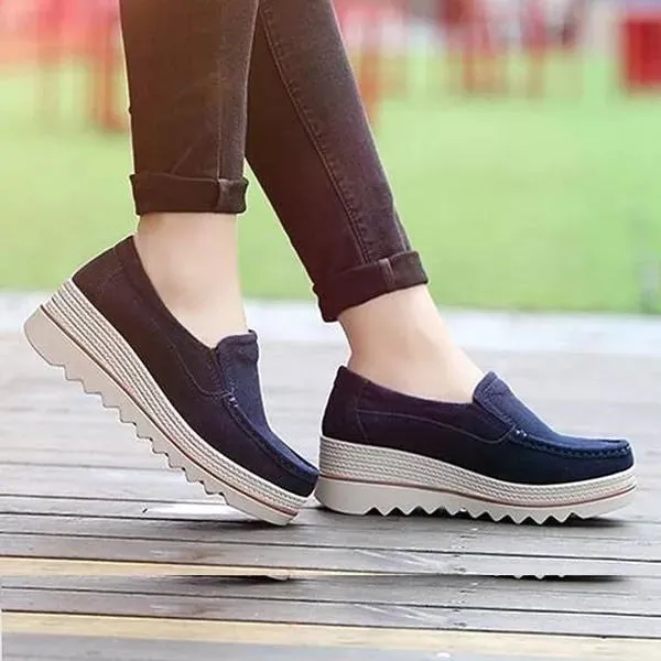 Womens Breathable Suede Round Toe Slip On Platform Shoes