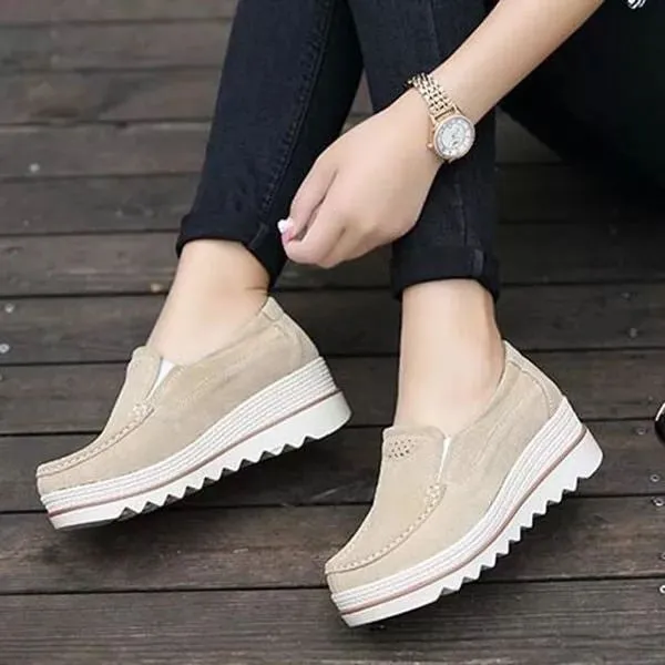 Womens Breathable Suede Round Toe Slip On Platform Shoes