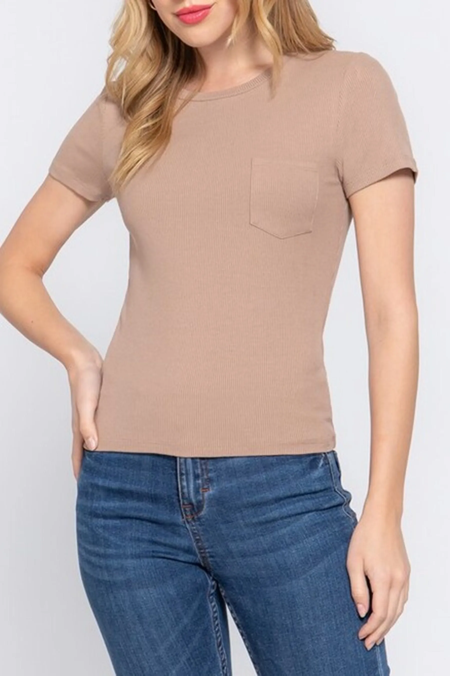 Women's Casual Short Sleeve Crewneck With Pocket Ribbed Knit Top