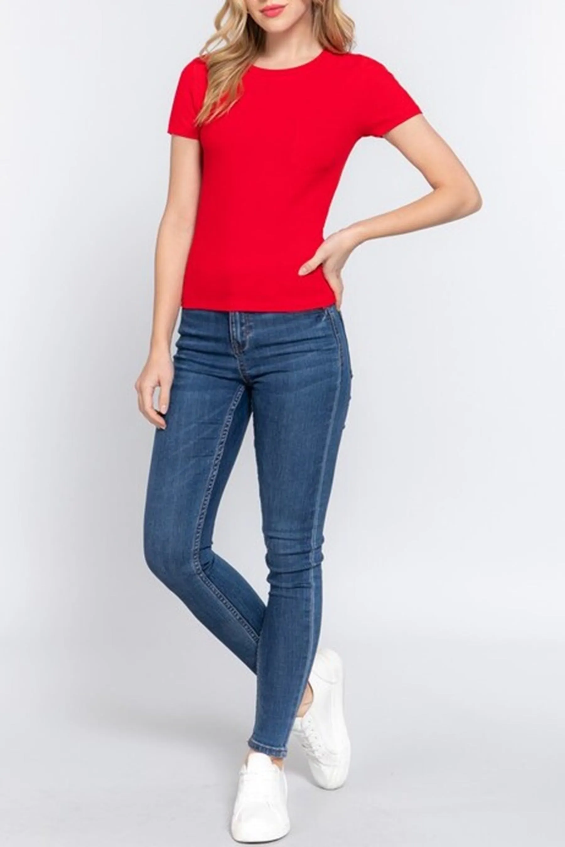 Women's Casual Short Sleeve Crewneck With Pocket Ribbed Knit Top