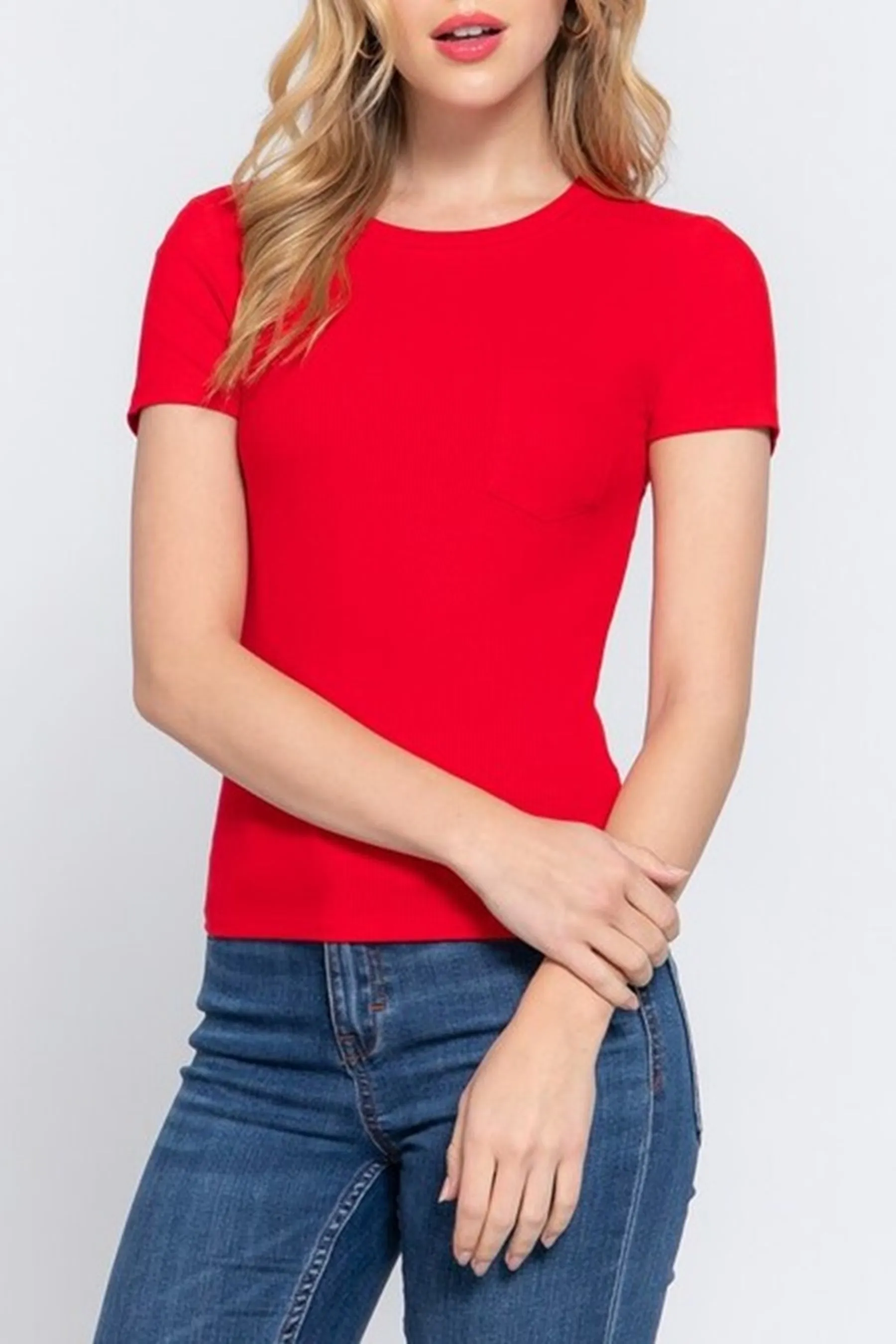 Women's Casual Short Sleeve Crewneck With Pocket Ribbed Knit Top