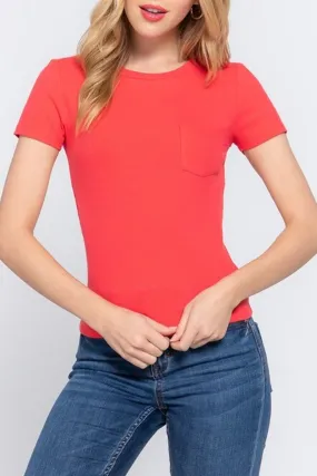 Women's Casual Short Sleeve Crewneck With Pocket Ribbed Knit Top