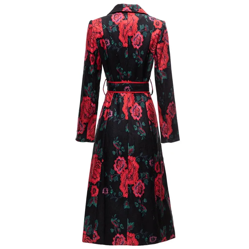 Women's Elegant Black Floral Long Trench Coat