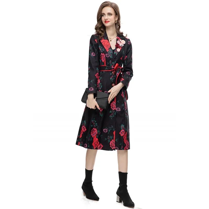 Women's Elegant Black Floral Long Trench Coat