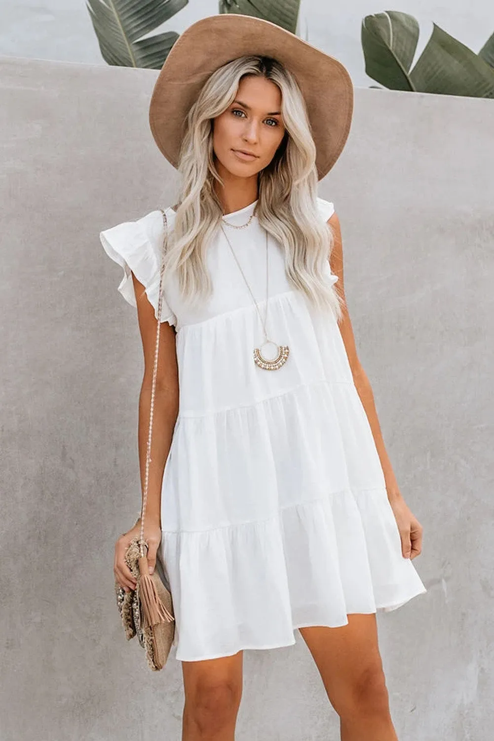 Women's Sleeveless Ruffle Sleeve Dress Sundress Tiered Ruffled Mini Dress