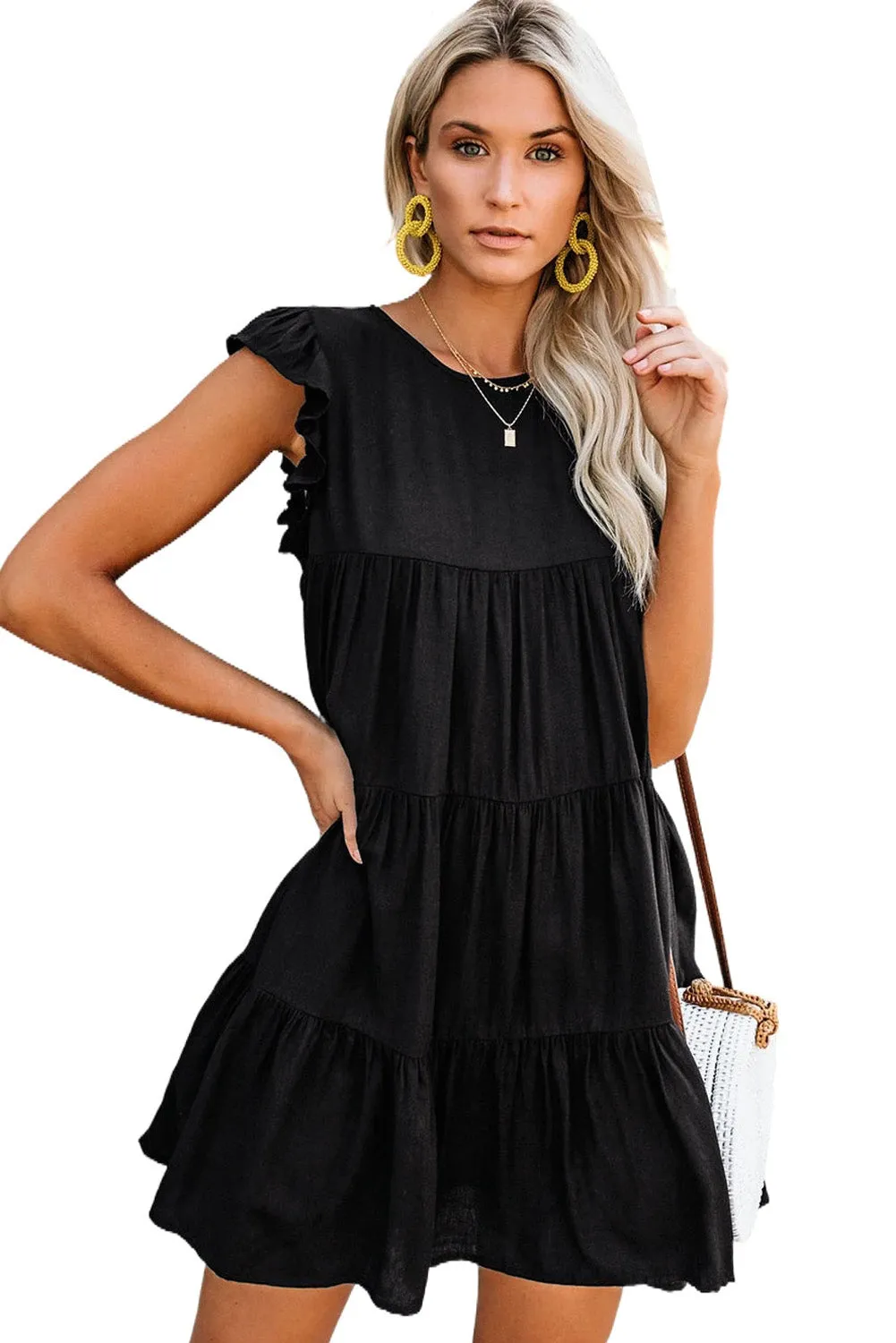 Women's Sleeveless Ruffle Sleeve Dress Sundress Tiered Ruffled Mini Dress