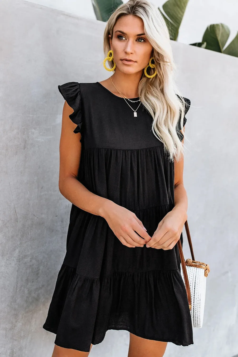 Women's Sleeveless Ruffle Sleeve Dress Sundress Tiered Ruffled Mini Dress