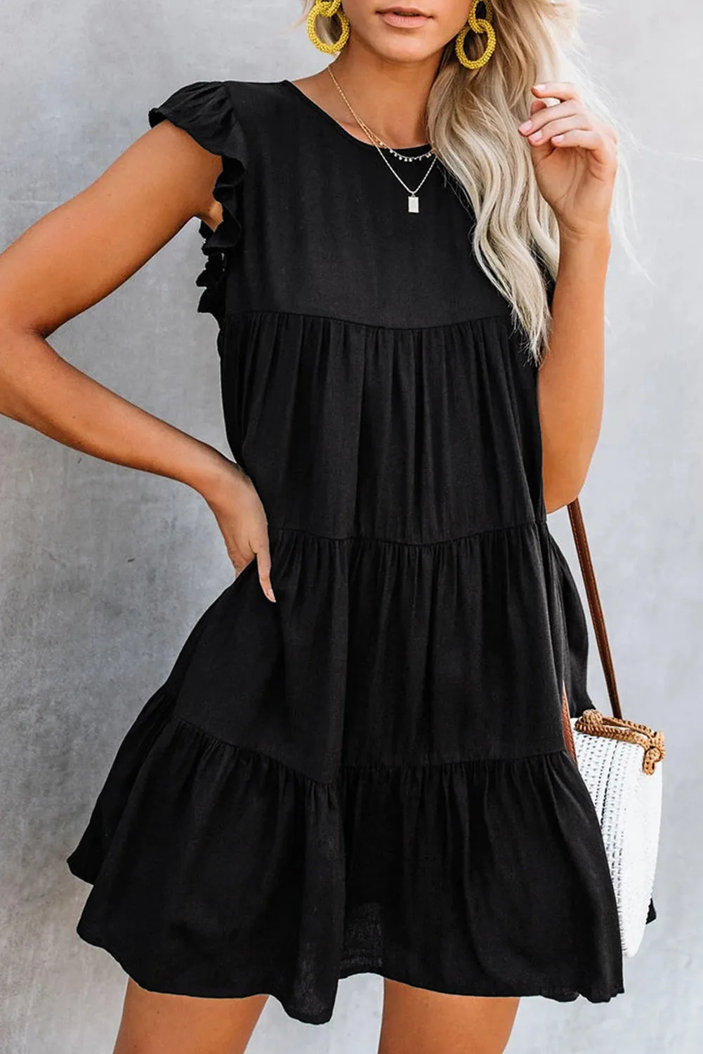 Women's Sleeveless Ruffle Sleeve Dress Sundress Tiered Ruffled Mini Dress