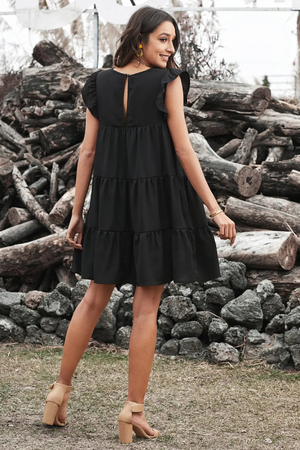 Women's Sleeveless Ruffle Sleeve Dress Sundress Tiered Ruffled Mini Dress