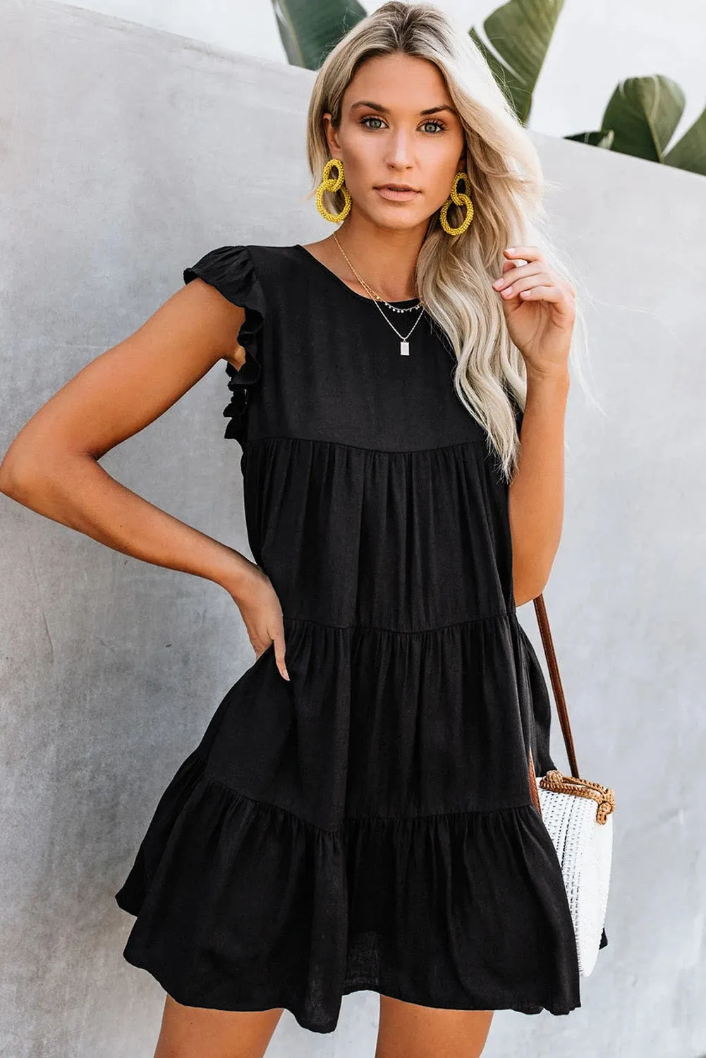 Women's Sleeveless Ruffle Sleeve Dress Sundress Tiered Ruffled Mini Dress