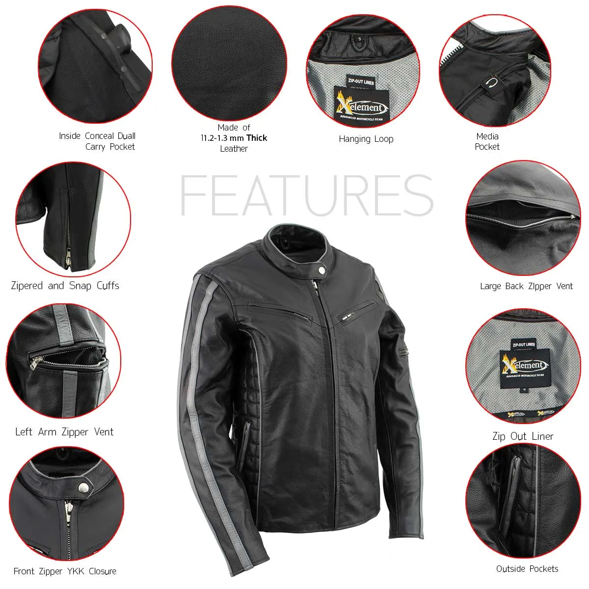 Xelement B7065 Women’s ‘Silver Fox’ Black with Silver Multi Vented Leather Motorcycle Jacket