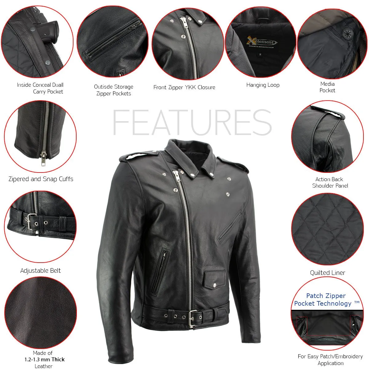 Xelement B7100 Men's 'Classic' Black TOP GRADE Leather Motorcycle Biker Jacket