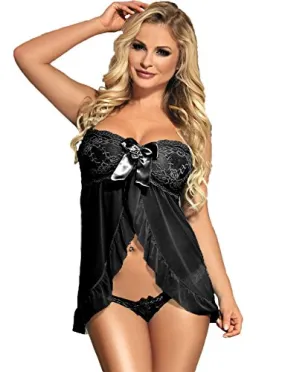 Yummy Bee - Lingerie Babydoll Women - Plus Size Nightwear - Lace Night Dress Set (Black, 8)