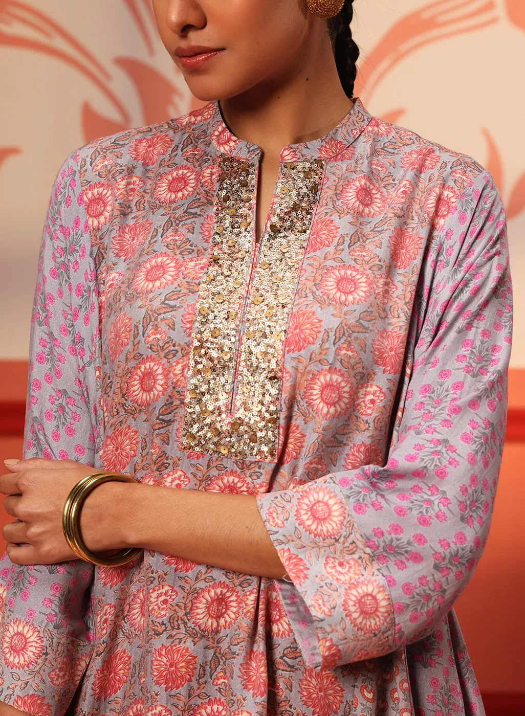 Zahra Silver Grey Printed Kurta Set for Women